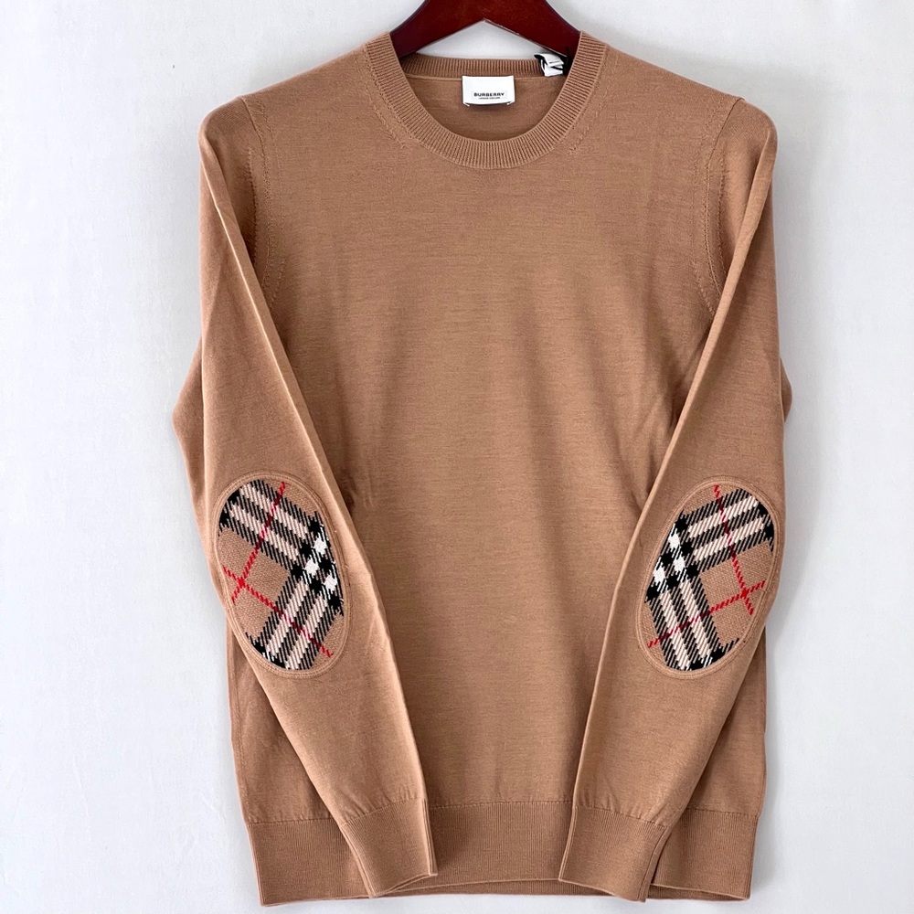 Burberry Wool Sweater with Check Elbow Patches in Camel